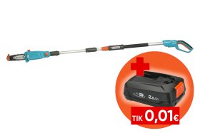 Akumuliatorinė teleskopinė aukštapjovė GARDENA TCS, 20/18 V, 20 cm, gr. greitis 3.8 m/s; telesk. kotas pasiekti iki 4 m, P4A, be baterijos ir pakrovėjo