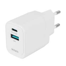 Telefono įkroviklis DELTACO USBC-AC154, 1x USB-A 18 W, 1x USB-C 20 W, baltos sp.