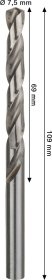 Grąžtas metalui BOSCH HSS-G, DIN 338, 7,5 × 69 × 109 mm