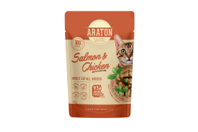 Konservuotas kačių ėdalas ARATON, visų veislių suaugusių kačių šlapias pašaras su lašiša ir vištiena, 85 g