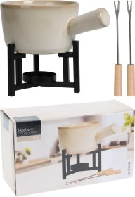 Fondiu rinkinys, porcelianinis dubuo su metaliniu stovu ir 2 nerūdijančio plieno šakutėmis, dubuo 176 x 119 x 75 mm, stovas 125 x 81 mm