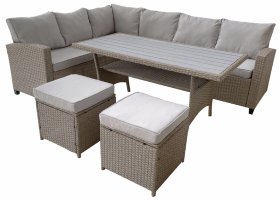 Lauko baldų komplektas NINA, komplektą sudaro kampinė sofa, 2 pufai ir stalas, kapučino sp.