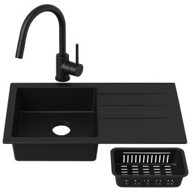 Plautuvės komplektas ODUS OD-360, 76 x 44 x 19,5 cm, akmens masės, juodos spalvos, komplekte maišytuvas, ventilis, džiovinimo deklas