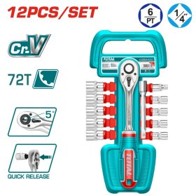 Galvučių rinkinys su terkšle TOTAL CR-V(50BV30), 1/4", 12 vnt., THT14114126