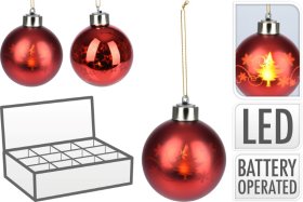 Eglutės žaisliukas su LED, burbulo formos, stiklinis, raudonos sp., 2 dizainai, 8 cm