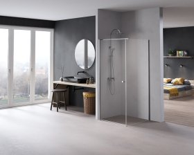 Dušo kabina HARMONY Nerea HAR-0062, 90 x 90 x 195 cm, kvadratinė, berėmė, chromuotas profilis, skaidrus 6 mm stiklas, be padėklo