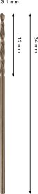 Grąžtas metalui BOSCH HSS-Co, DIN 338, 1 × 12 × 34 mm