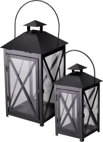 Žibintų rinkinys, 2 vnt., didelis 20 x 20 x 40 cm, mažas 15 x 15 x 30 cm, juodos spalvos, su rankena.