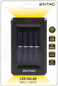 Lauko šviestuvas ENTAC En-8320, įkraunamas nuo saulės, 1W, 30 lm, 600 mAh, šviečia iki 8 val., sieninis, IP54, juodos sp., 117 x 112 x 70 mm