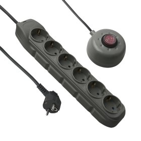 Ilgiklis ELECTRALINE, 6 lizd., 2 m, 3x1,5 mm, 16A 250V, su jungikliu., su įž. prailginimu 1m su kojos išjungimu, pilkos spalvos, 62650