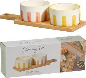 Serviravimo indų rinkinys, 2 vnt. keraminiai indeliai ir bambukinis padėklas