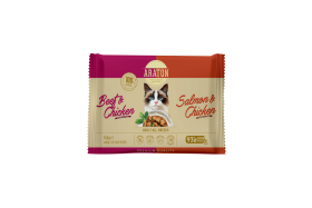 Konservuotas kačių ėdalas ARATON, visų veislių suaugusių kačių šlapių pašarų rinkinys su jautiena ir vištiena, su lašiša ir vištiena, 4x85 g