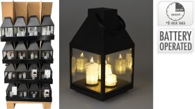 Žibintas su 3 LED žvakėmis, 25 cm, juodos spalvos.