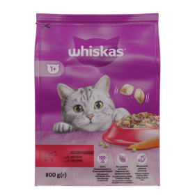 Sausas kačių ėdalas WHISKAS Adult, visavertis pašaras su jautiena, 800 g