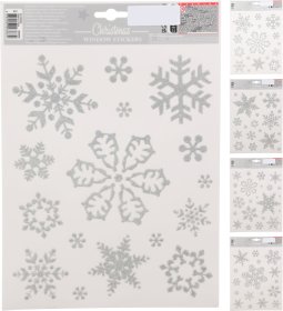 Kalėdiniai langų lipdukai Snaigės, sidabrinės sp., 4 skirtingi snaigių dizainai, 30 x 42 cm