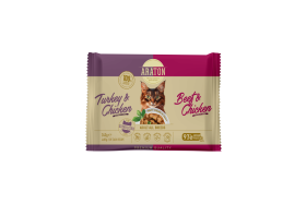 Konservuotas kačių ėdalas ARATON, visų veislių suaugusių sterilizuotų kačių šlapių pašarų rinkinys su kalakutiena ir vištiena, su jautiena ir vištiena, 4x85 g