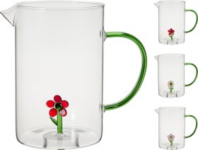 Ąsotis su gėlės dizainu, stiklinis, 1,6 l, 3 skirtingi dizainai