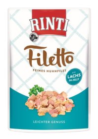 Konservuotas šunų ėdalas RINTI Filetto, su vištiena ir lašiša, maišelyje, 100g