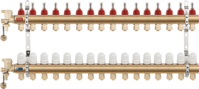 Žalvarinis grindinio šildymo kolektorius FERRO, N-RZP 1″ su srauto matuokliais, termostatiniais vožtuvais ir 16x2 mm nipeliais, 13 žiedų, N-RZP13S