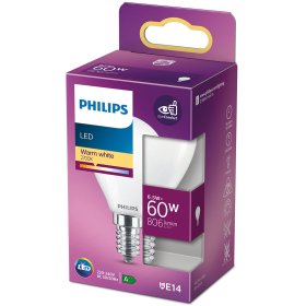 LED lempa PHILIPS, 6,5W (=60W), E14 P45 burbuliukas, 220-240V, 2700K, 806 lm, filamentinė, matinė