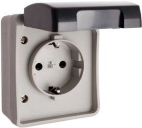 Kištukinis lizdas SOLERA 3360, 1 vietos, paviršinis, su įž., IP44, 16A, korpusas pilkos sp., dangtelis juodos sp.