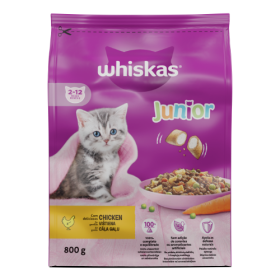 Sausas kačių ėdalas WHISKAS Junior, visavertis pašaras su vištiena, 800 g