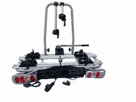 Automobilinis dviračių laikiklis ALBURNUS, 2 dviračiams, tinkamas ir elektriniams dviračiams, maksimalus dviračių svoris 2 x 30 kg, lengvas tvirtinimas ant kablio užspaudžiant rankeną.