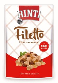 Konservuotas šunų ėdalas RINTI Filetto, su vištiena ir jautiena, maišelyje, 100g