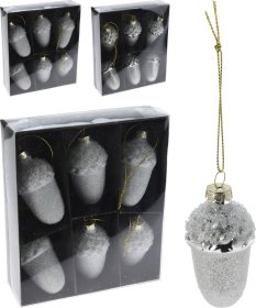 Eglutės žaisliukai Gilės, 6 vnt., sidabro arba baltos sp., 4 x 4 x 6,5 cm