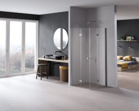 Dušo kabina HARMONY Nerea Flex HAR-0059, 80 x 80 x 195 cm, kvadratinė, berėmė, chromuotas profilis, skaidrus 6 mm stiklas, be padėklo