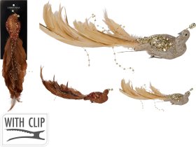 Kalėdinė dekoracija Povas, su segtuku, su plunksnomis, 2 spalvų (auksinė, ruda), 38 x 5,5 x 6 cm