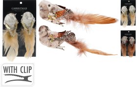 Kalėdinė dekoracija Paukštelis, 2 vnt., su segtuku, su plunksnomis, 2 spalvų (auksinė, ruda), 14 x 4 x 4 cm