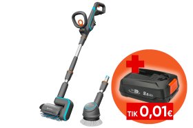 Akumuliatorinis trinkelių valytuvas GARDENA, 1800/18V, komplekte vielinis ir nailoninis šepečiai. Be akumuliatoriaus ir pakrovėjo.