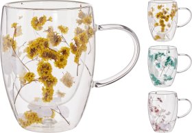 Dvigubo stiklo puodelis, 350 ml, gėlių dizaino, 3 skirtingos spalvos