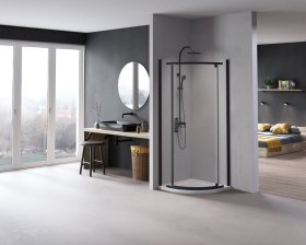 Dušo kabina HARMONY Diamond Black HAR-0103, 80 x 80 x 195 cm, pusapvalė, juodas profilis, skaidrus 6 mm stiklas, be padėklo