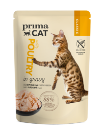 Konservuotas kačių ėdalas PRIMACAT Classics, paukštiena padaže, 85g
