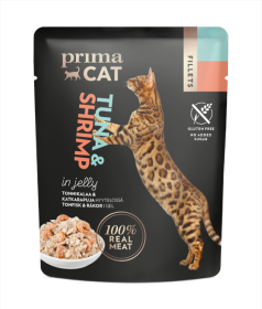 Konservuotas kačių ėdalas PRIMACAT, tuno filė su krevetėm drebučiuose, 50g