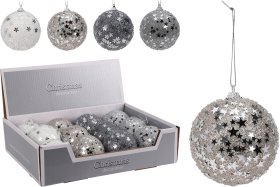 Eglutės žaisliukas, 4 spalvų pasirinkimai: sidabrinė arba šampaninė su žvaigždžių dizainais, balta arba mėlyna spalvos su snaigių dizainais