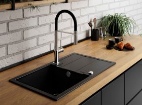 Plautuvės komplektas ODUS Od-306, 76 x 44 x 19,4 cm, akmens masės, juodos spalvos, komplekte maišytuvas, ventilis, Lenkija