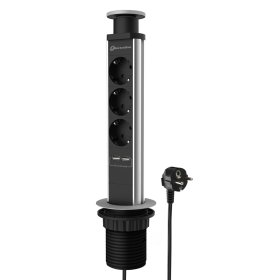 Ilgiklis ELECTRALINE Multisocket Tower, 3 lizd. + 2 USB, 2m, su įž., be jungiklio, 3x1.5, montuojamas į baldus, skylės skersmuo 60 mm, 62557