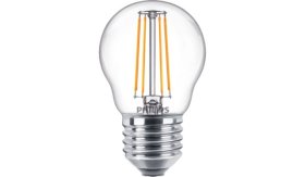 LED lempa PHILIPS, 4,3W (=40W), E27 P45 burbuliukas, 220-240V, 2700K, 470 lm, filamentinė, skaidri