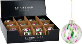 Eglutės žaisliukas, stiklas, rožinės ir žalios sp., skersmuo 8 cm