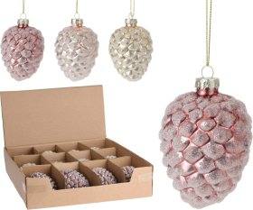 Eglutės žaisliukas Kankorėžis, stiklinis, 3 pastelinės sp., su sidabriniais blizgučiais, 9,7 cm