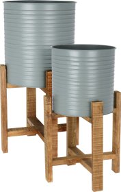 Kambarinių metalinių vazonų rinkinys su mediniu stovu, dviejų dydžių: 31,5 x 31,5 x 58 cm. ir 29 x 29 x 50 cm., pilkos sp.