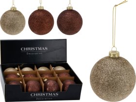 Eglutės žaisliukas, stiklas, su blizgučiais, 3 skirtingos sp., skersmuo 8 cm