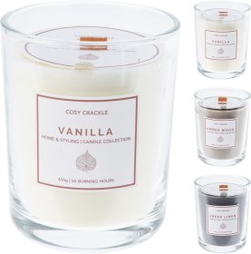 Kvapni žvakė, stikliniame indelyje, su medine dagtimi, įvairių kvapų, aukštis 12 cm