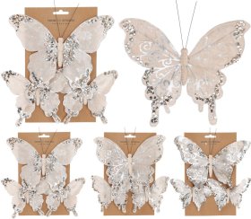 Kalėdinė dekoracija Drugelis, prisegamas, 3 skirtingi dizainai, kreminės sp., rinkinys (3 vnt.)