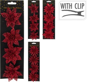 Kalėdinė dekoracija Gėlės, 4 vnt., su segtukais, raudonos sp., skirtingi dizainai, skersmuo 8 cm