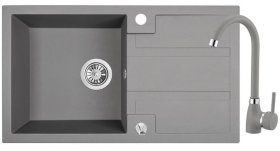 Plautuvės komplektas ODUS Od-316, 76 x 44 x 16 cm, akmens masės, pilkos spalvos, komplekte maišytuvas, ventilis