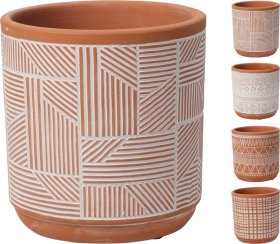 Kambarinis keraminis vazonas, 4 skirtingi dizainai, terakoto sp., 11 x 11 x 11,5 cm.